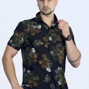 Camisa manga corta azul diseño flores opacas
