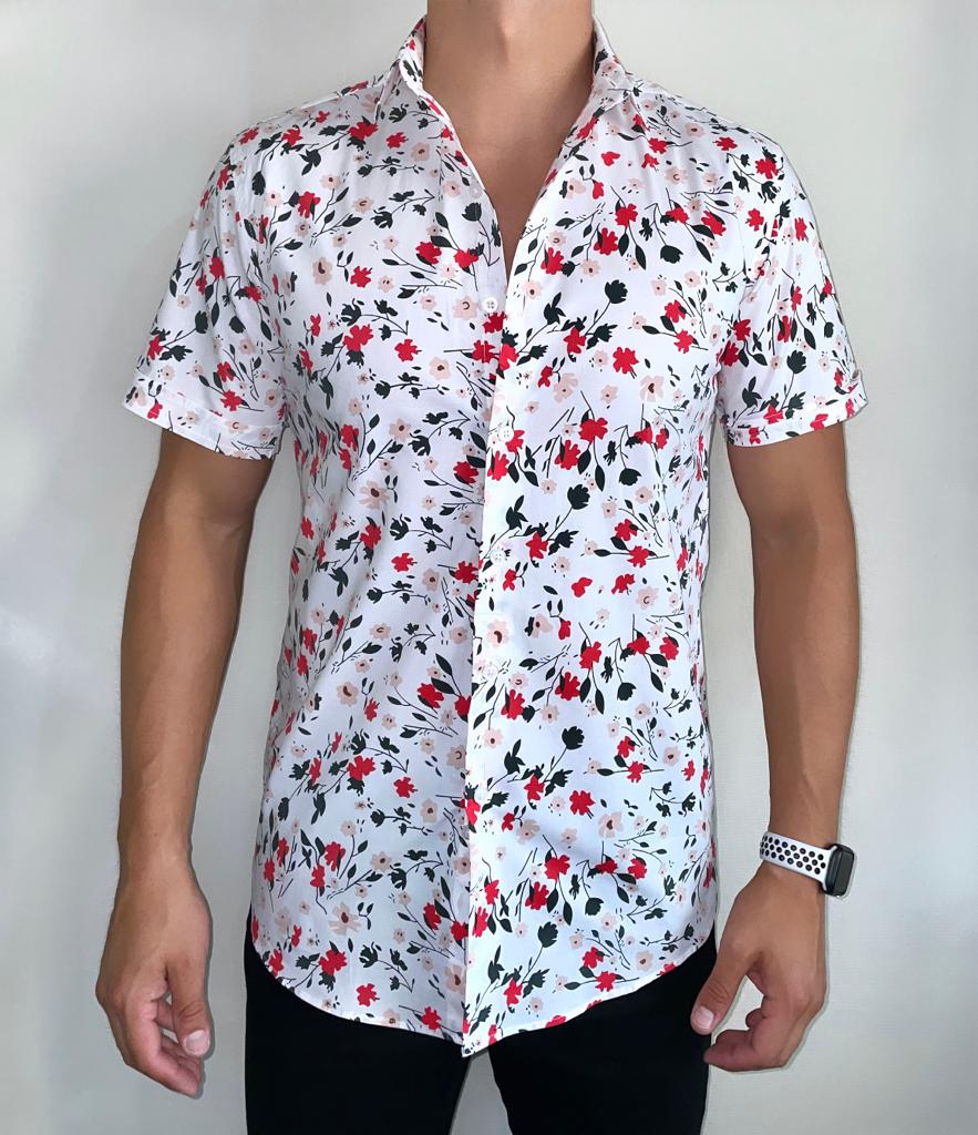 Camisa manga blanca flores rojas – Boa Facha