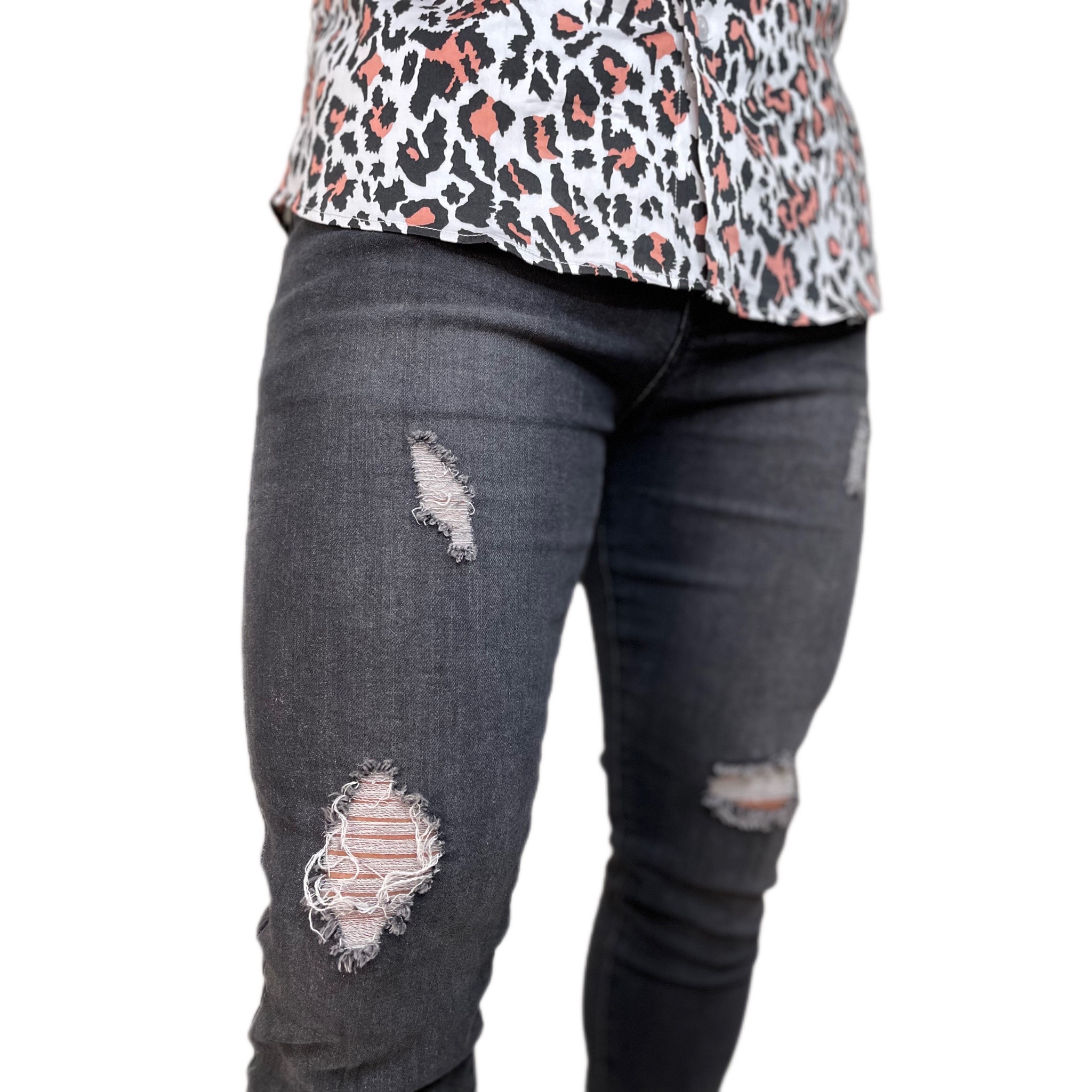 Jeans skinny gris destroyed - Imagen 3