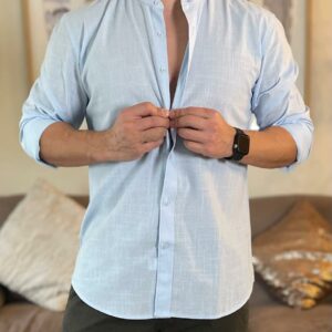 Camisa lino celeste cuello mao
