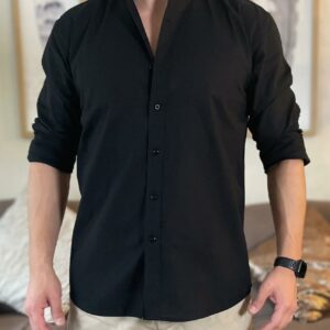 Camisa lino negra cuello mao